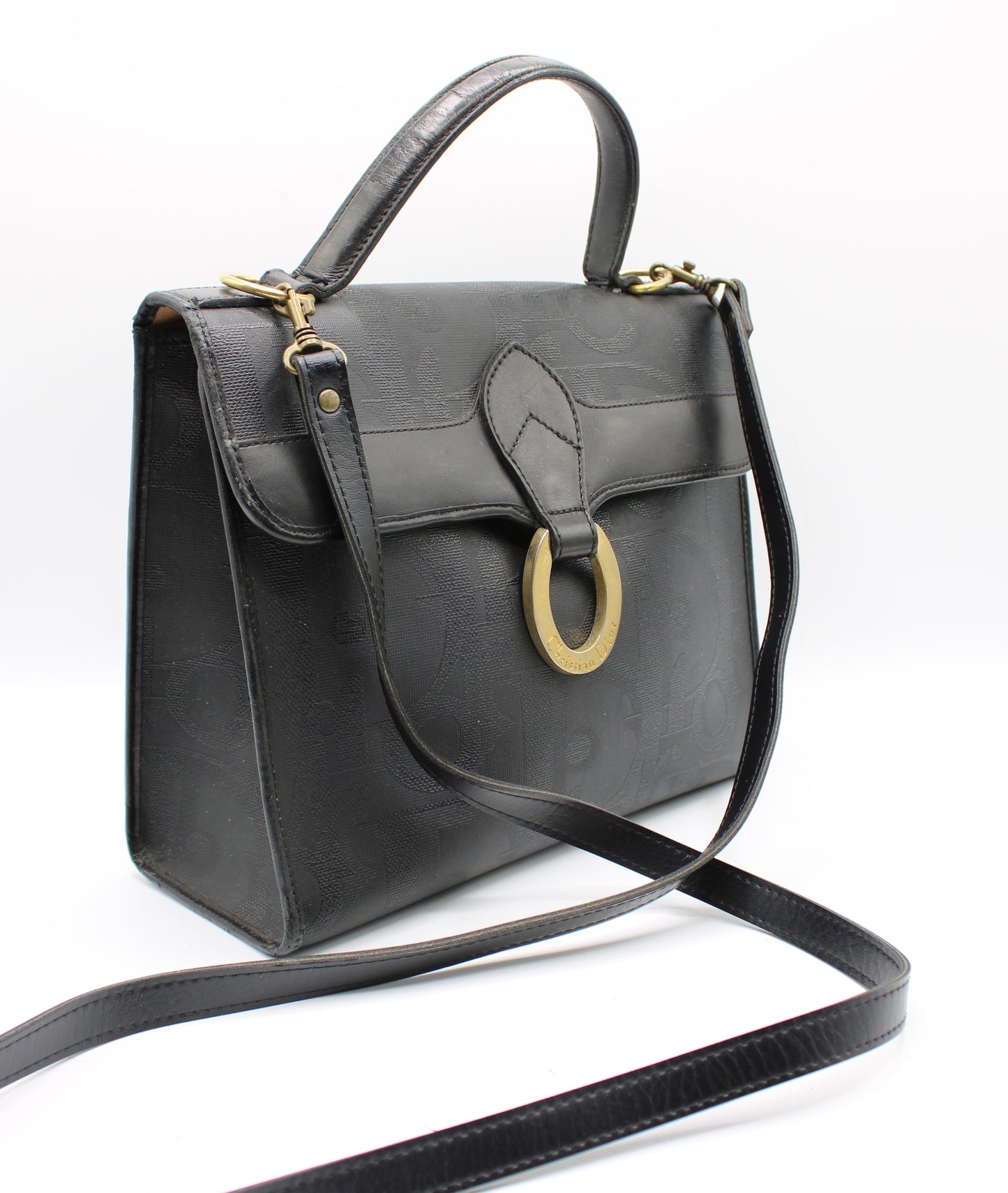 Christian Dior Black Leather Embossed Logo Top Handle Bag