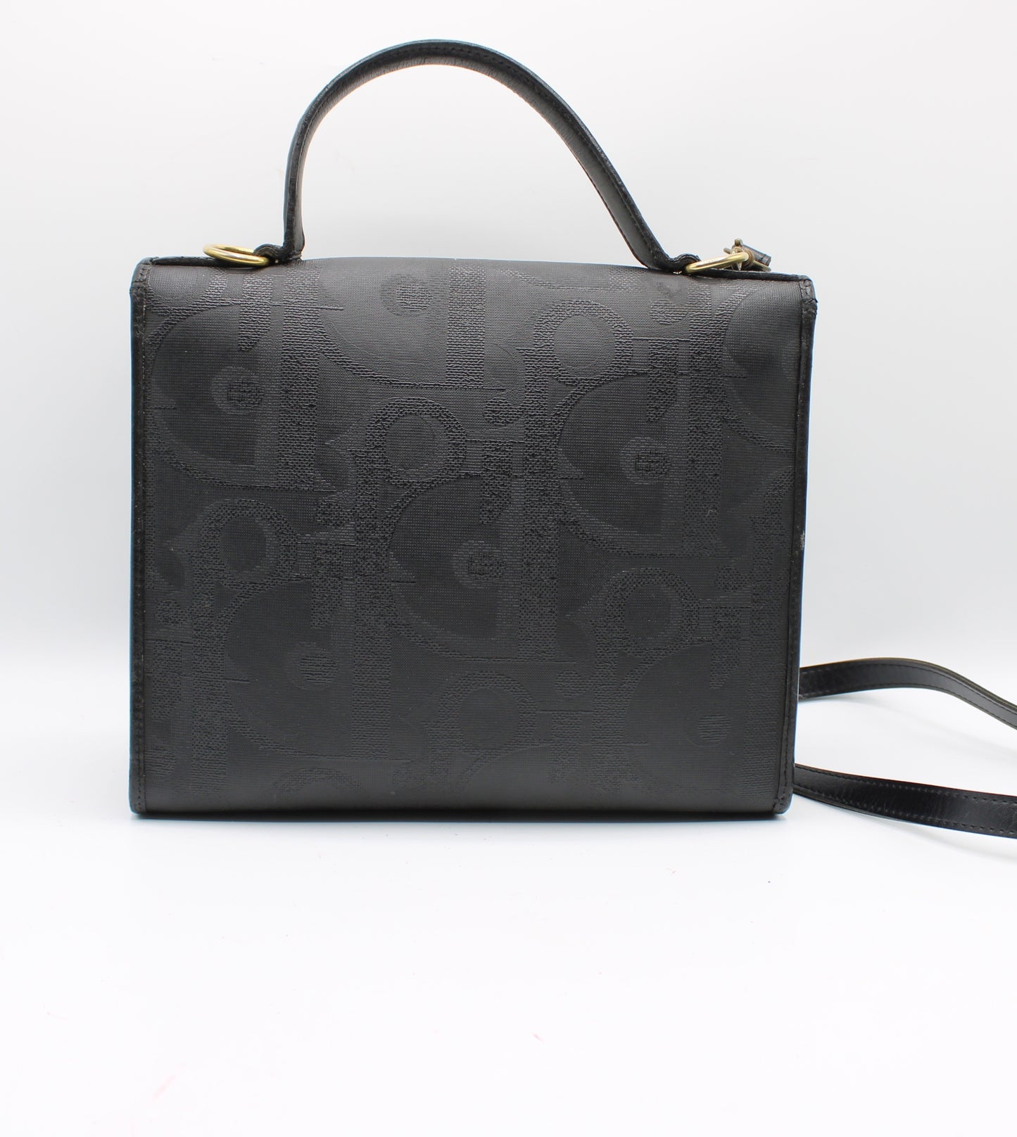 Christian Dior Black Leather Embossed Logo Top Handle Bag