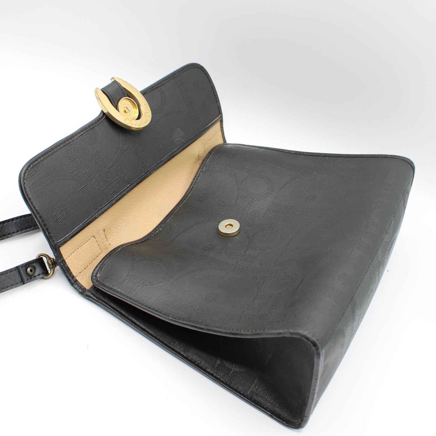 Christian Dior Black Leather Embossed Logo Top Handle Bag