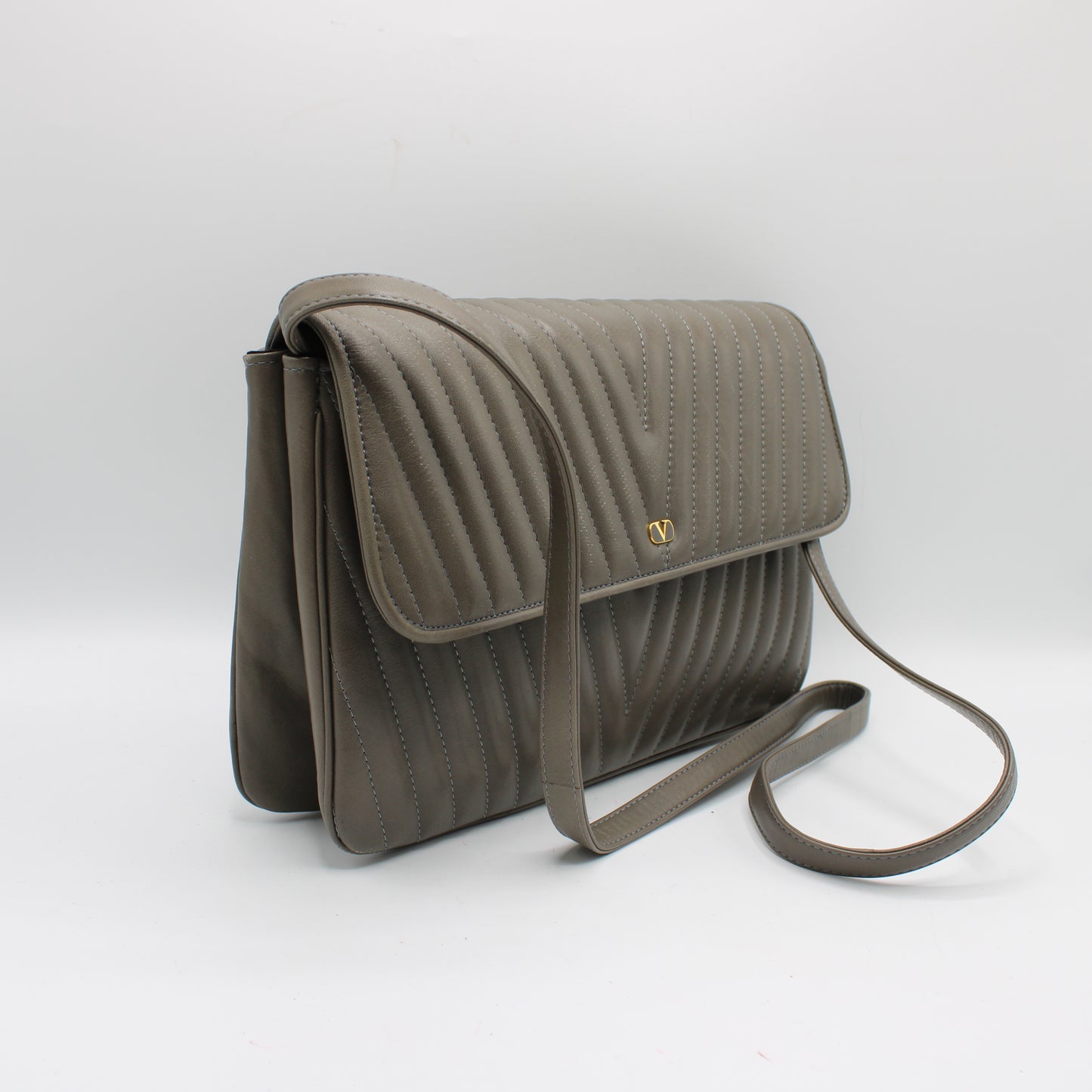 Valentino Garavani Grey Leather Chevron Flap Crossbody