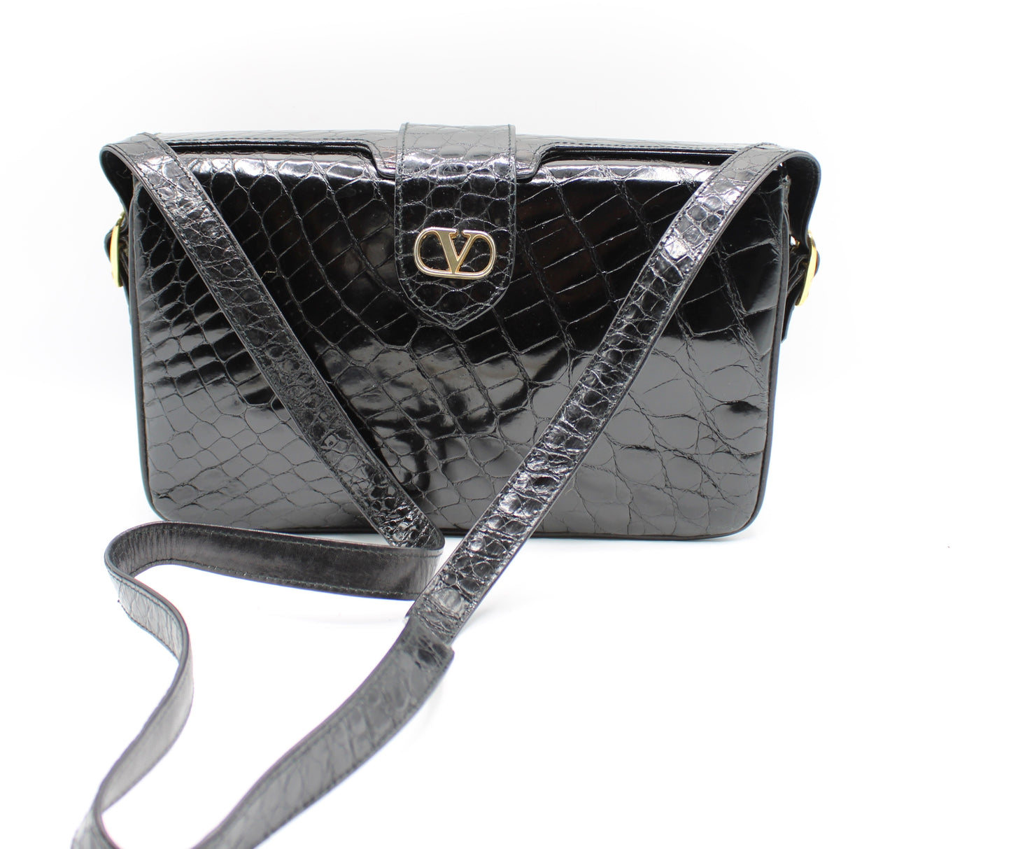 Valentino Garavani Black Croc Patent Leather Crossbody Bag