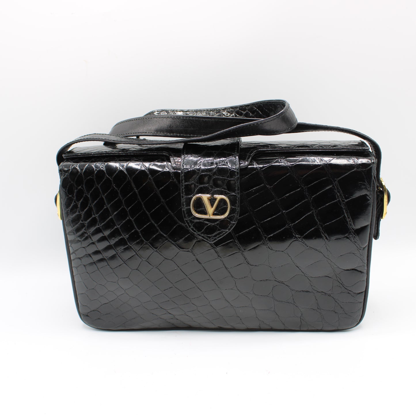 Valentino Garavani Black Croc Patent Leather Crossbody Bag