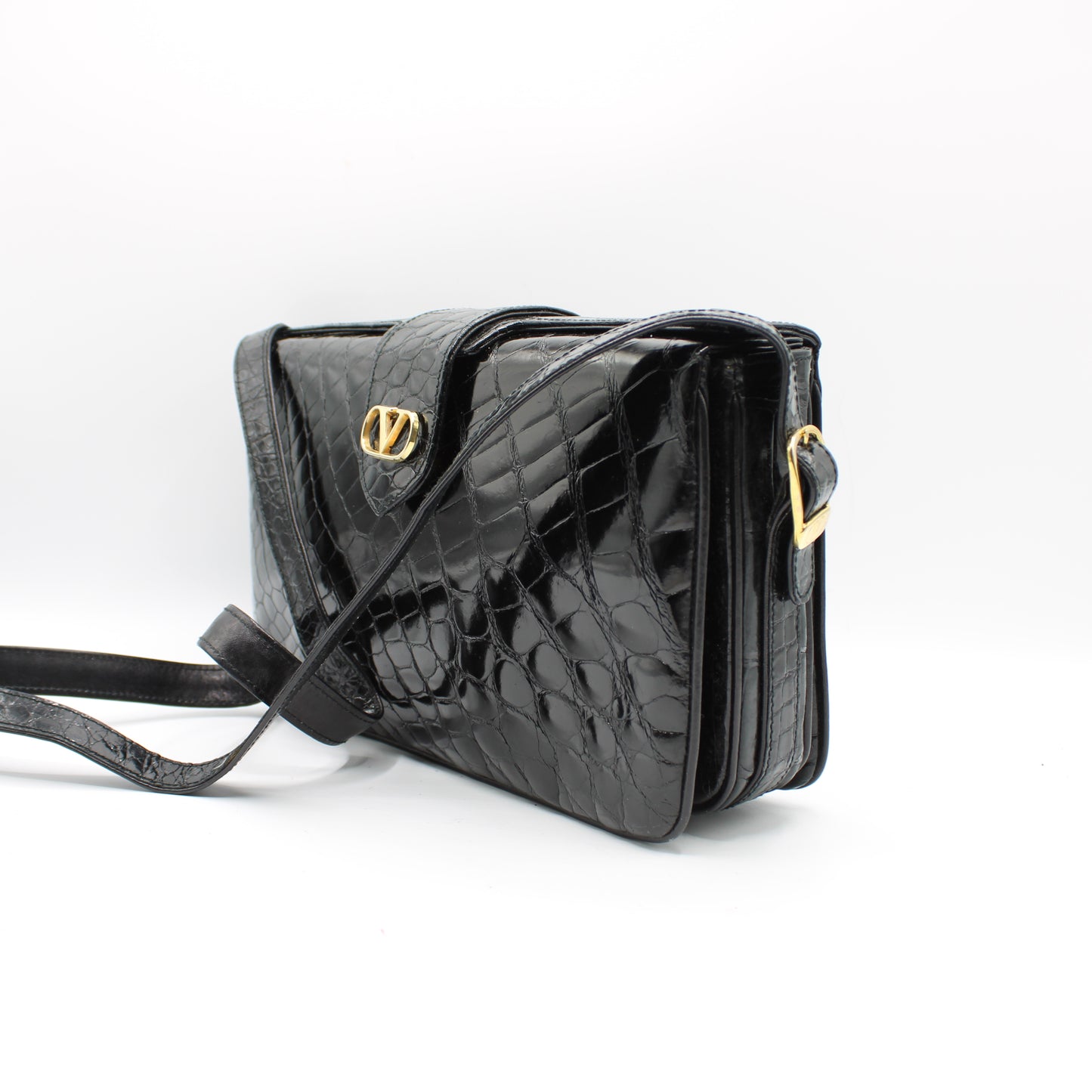 Valentino Garavani Black Croc Patent Leather Crossbody Bag