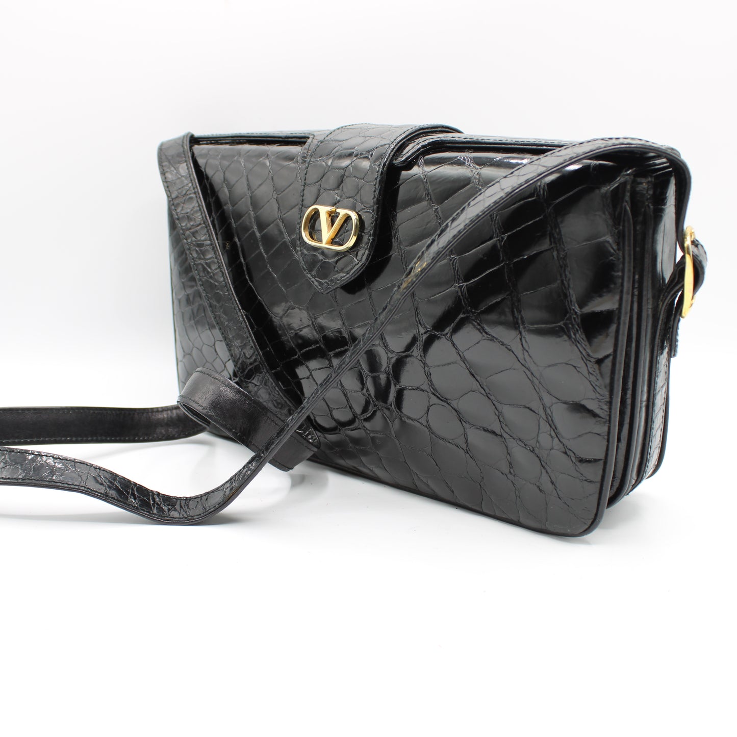 Valentino Garavani Black Croc Patent Leather Crossbody Bag