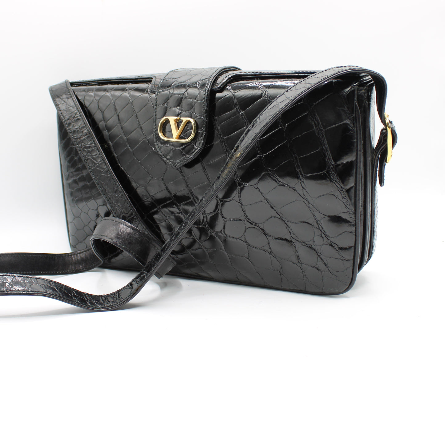 Valentino Garavani Black Croc Patent Leather Crossbody Bag