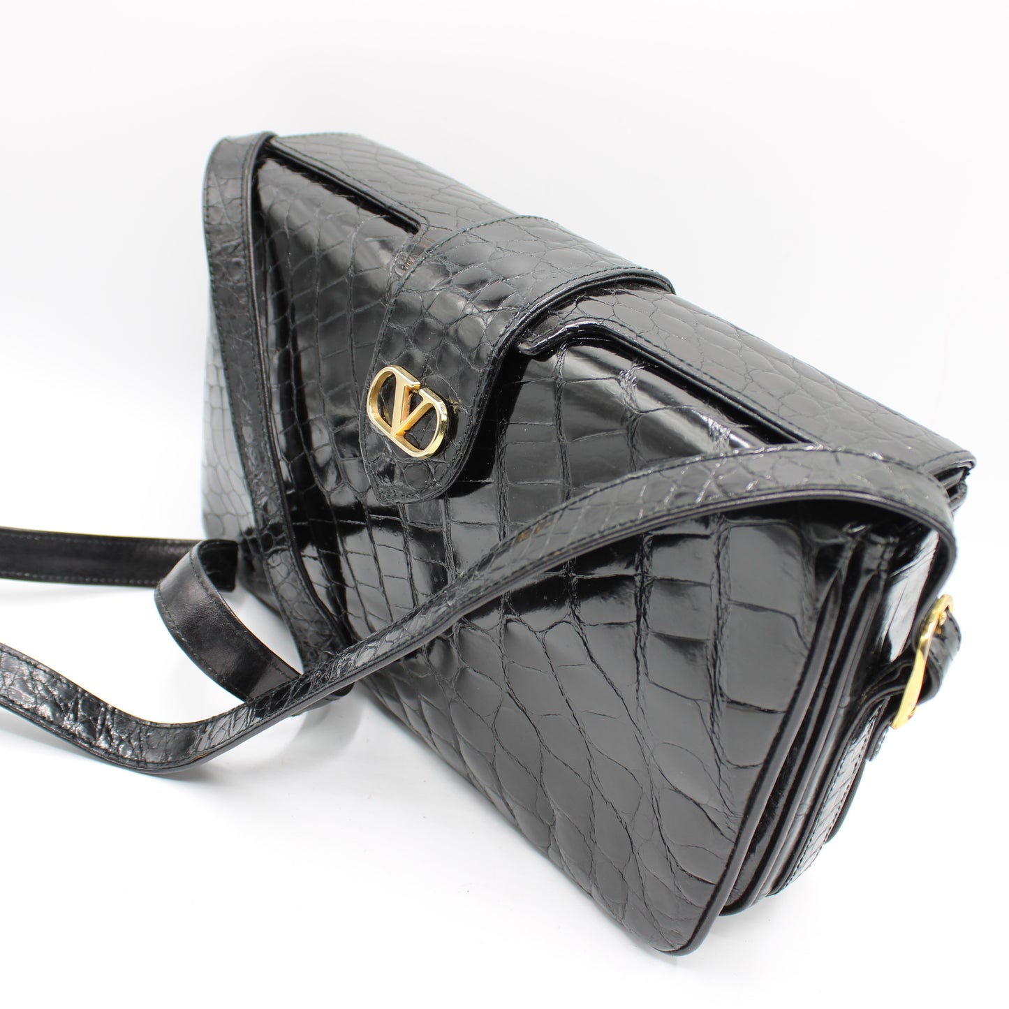 Valentino Garavani Black Croc Patent Leather Crossbody Bag