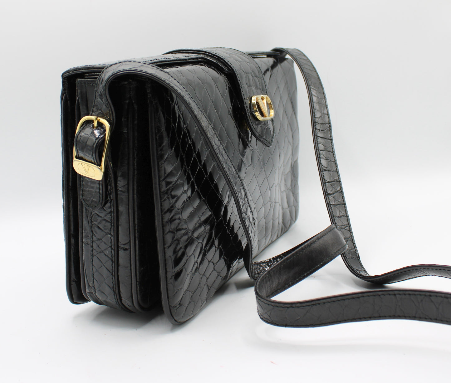 Valentino Garavani Black Croc Patent Leather Crossbody Bag