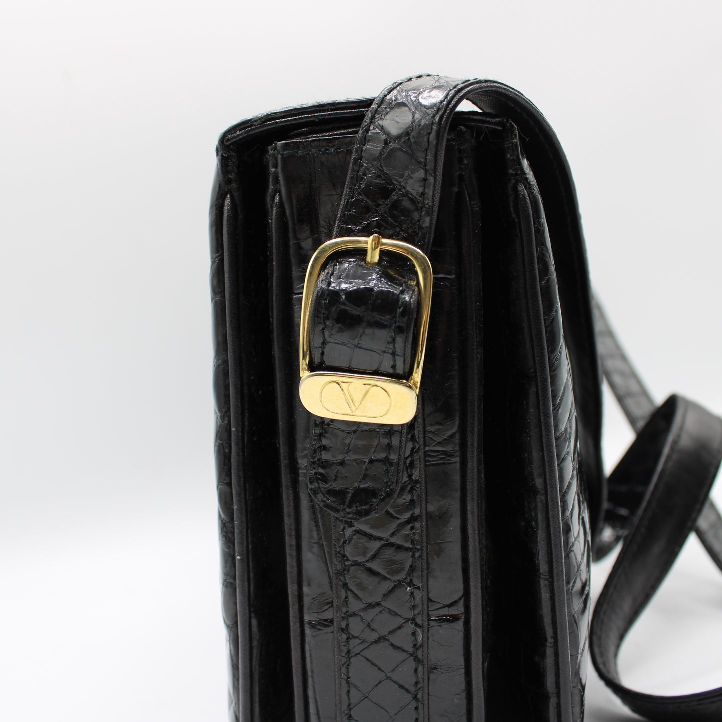 Valentino Garavani Black Croc Patent Leather Crossbody Bag