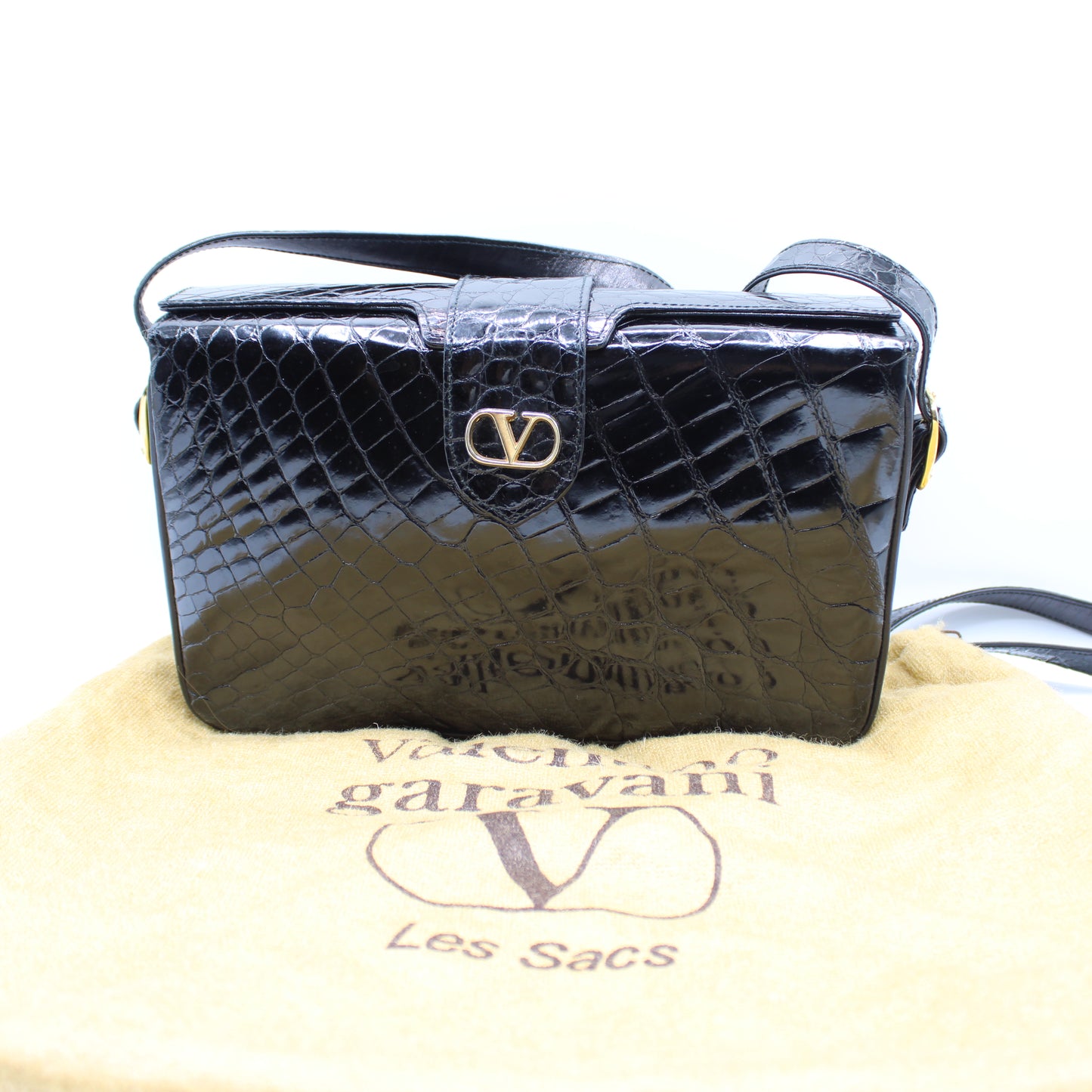 Valentino Garavani Black Croc Patent Leather Crossbody Bag
