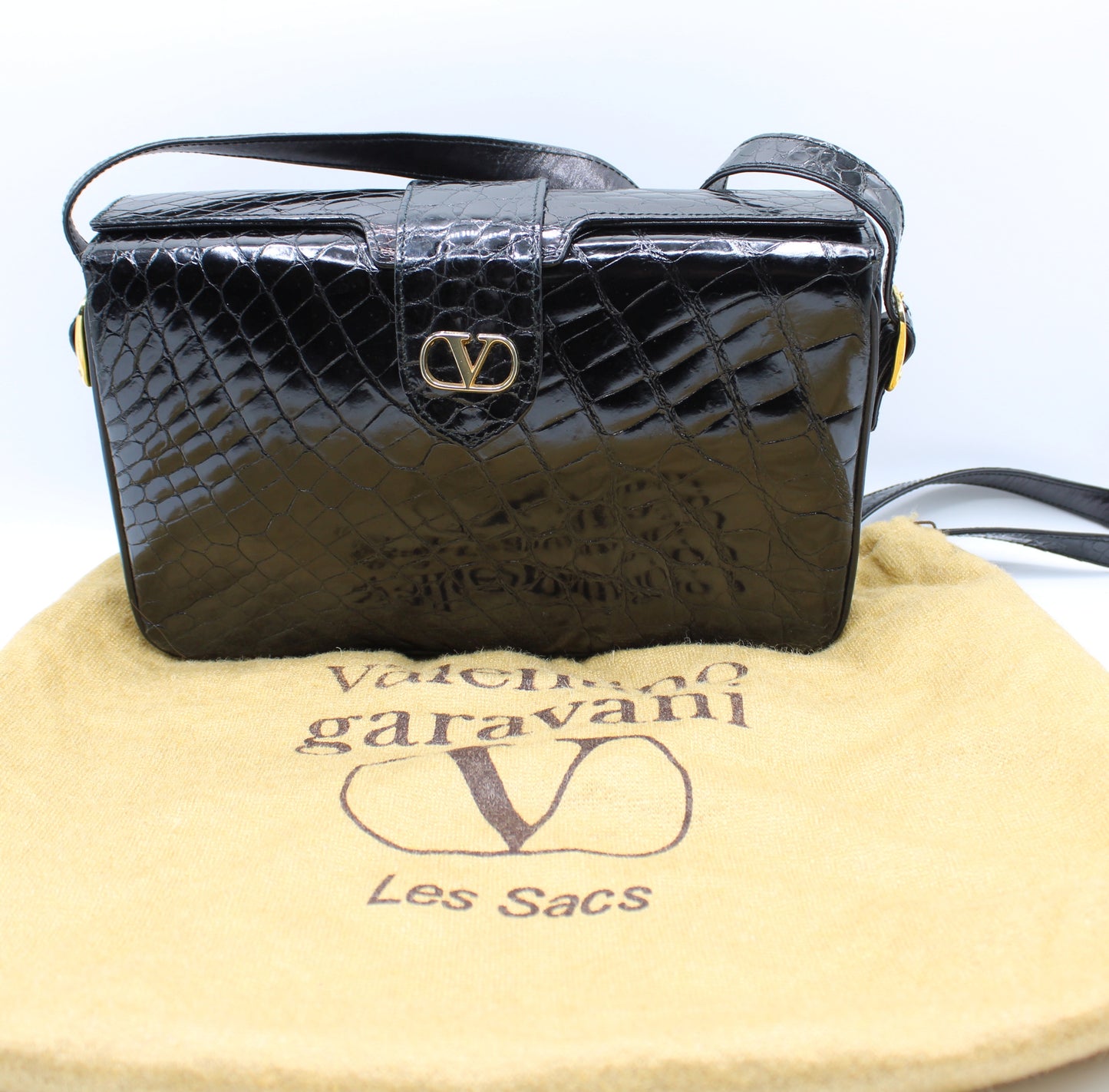 Valentino Garavani Black Croc Patent Leather Crossbody Bag