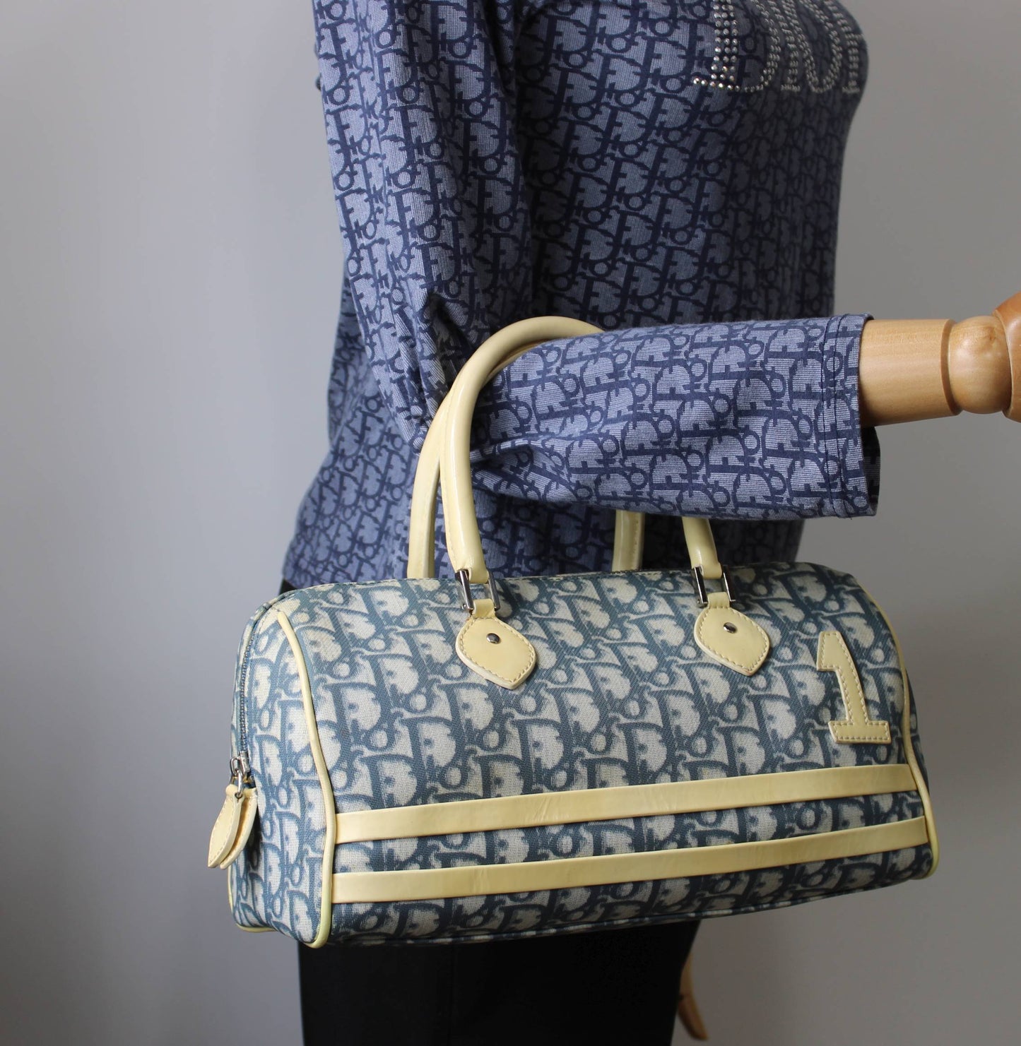 Christian Dior Navy White Oblique Canvas Boston Bag