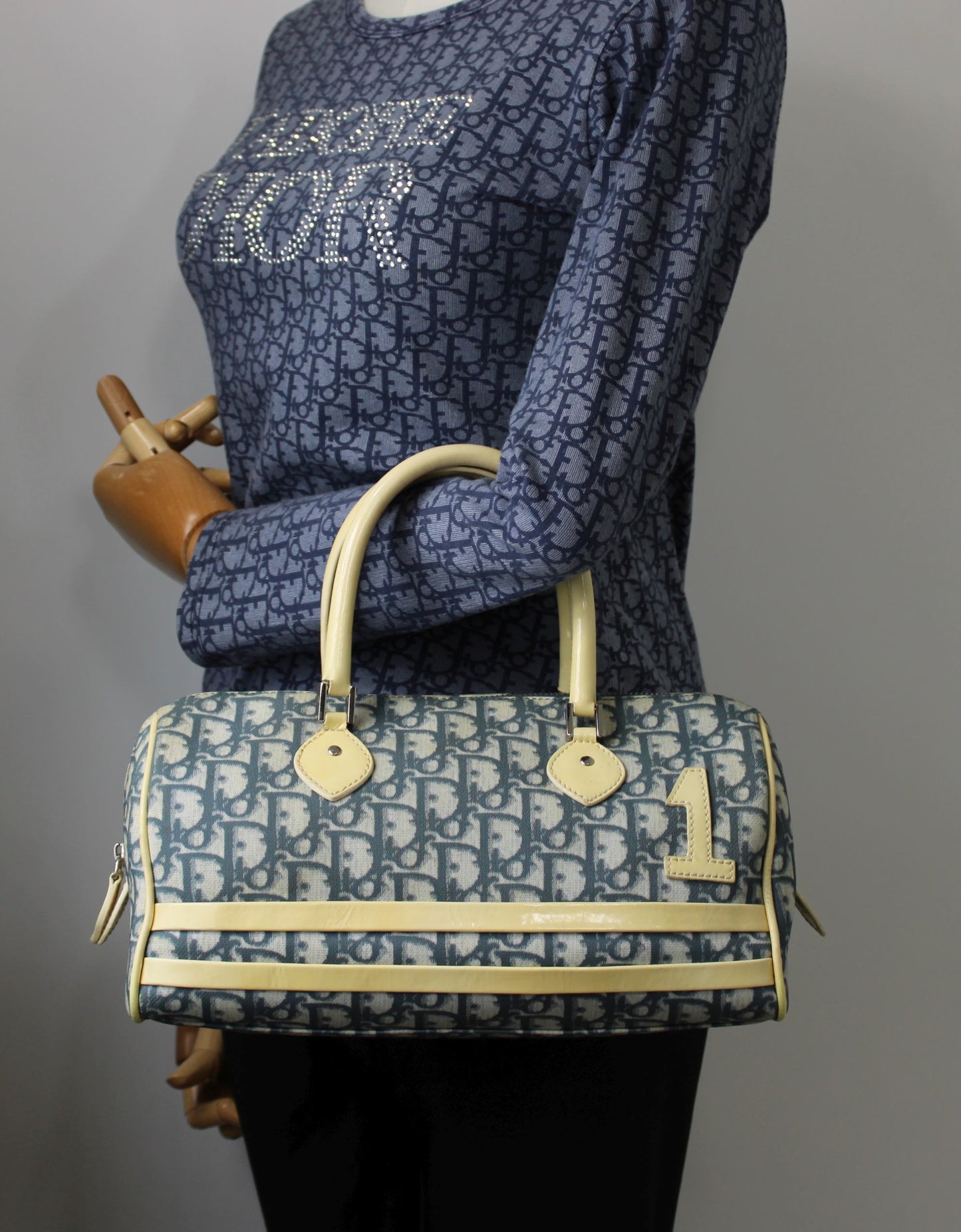 Christian Dior Navy White Oblique Canvas Boston Bag