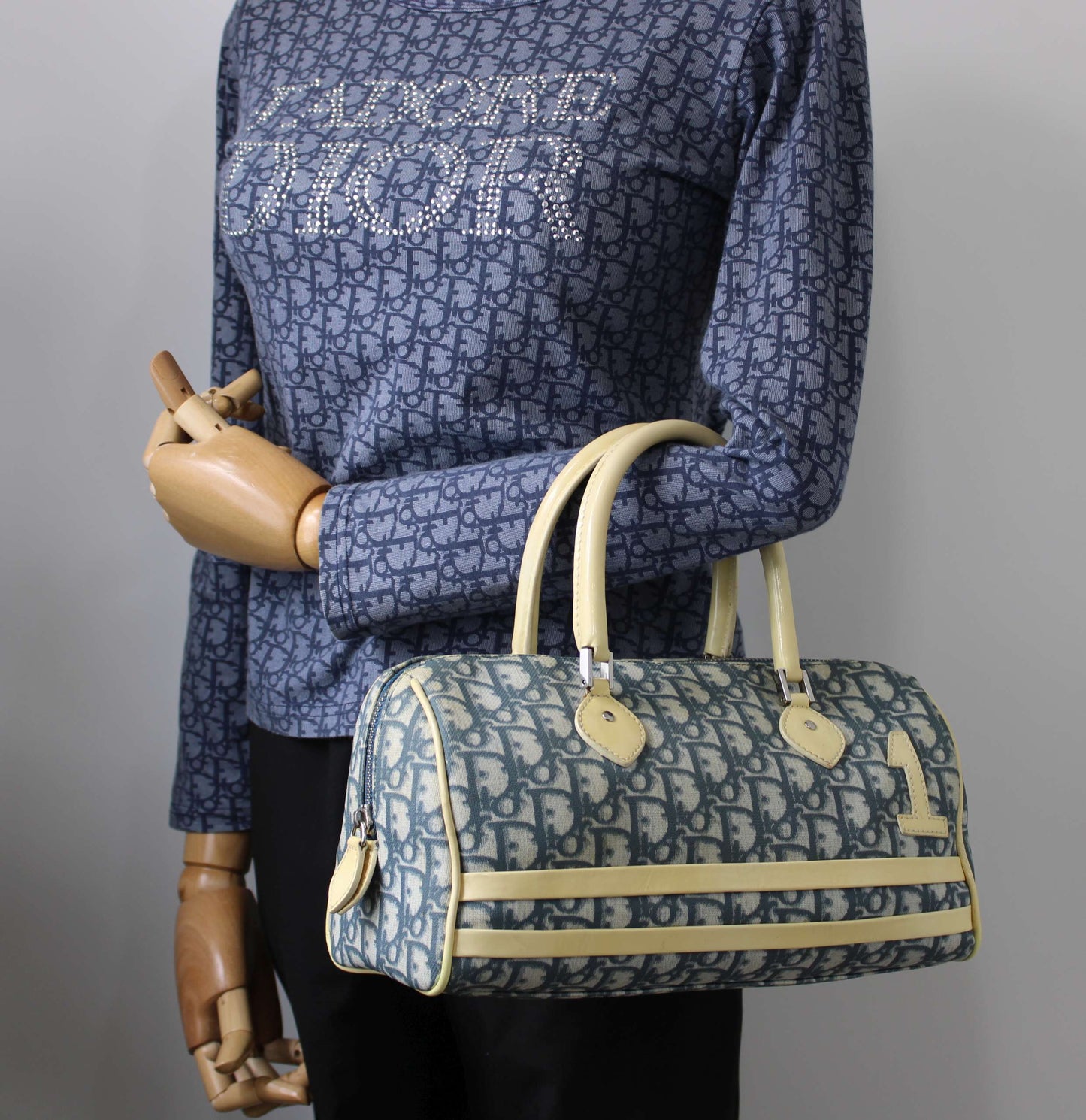 Christian Dior Navy White Oblique Canvas Boston Bag