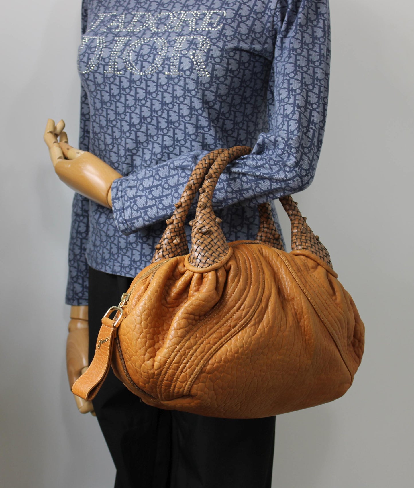 Fendi Cognac Leather Baby Spy Woven Satchel