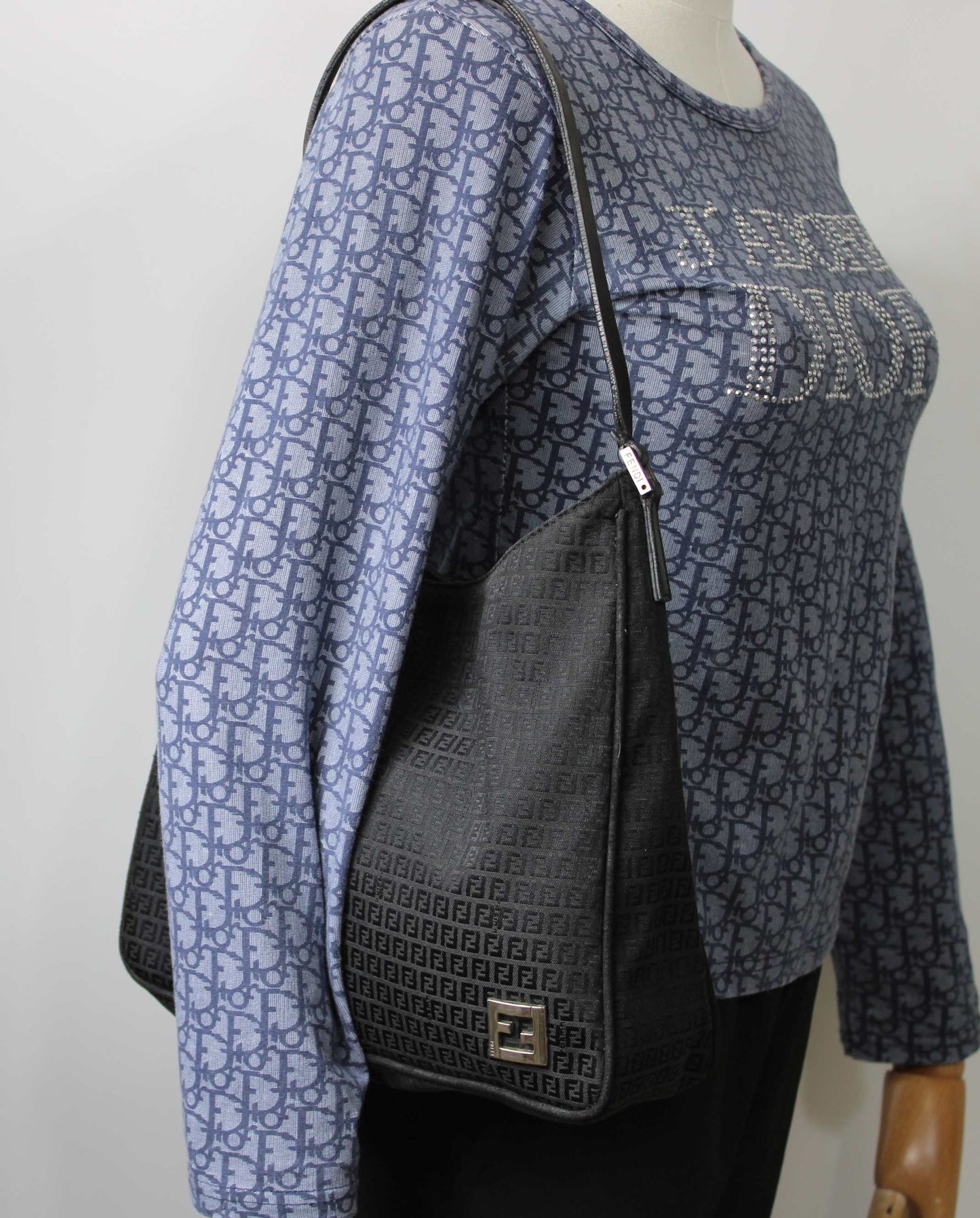 Fendi Black Zucca Canvas Leather Strap Shoulder Bag
