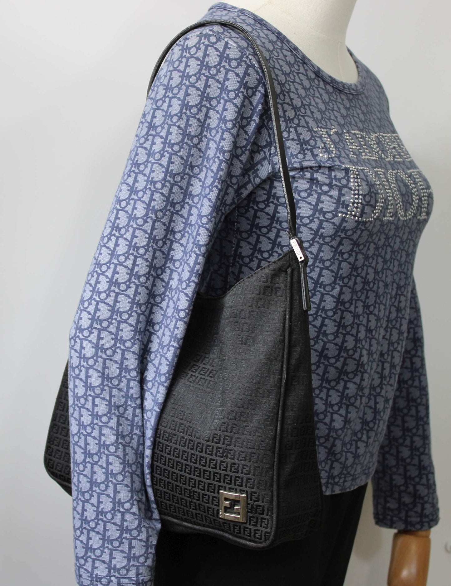 Fendi Black Zucca Canvas Leather Strap Shoulder Bag