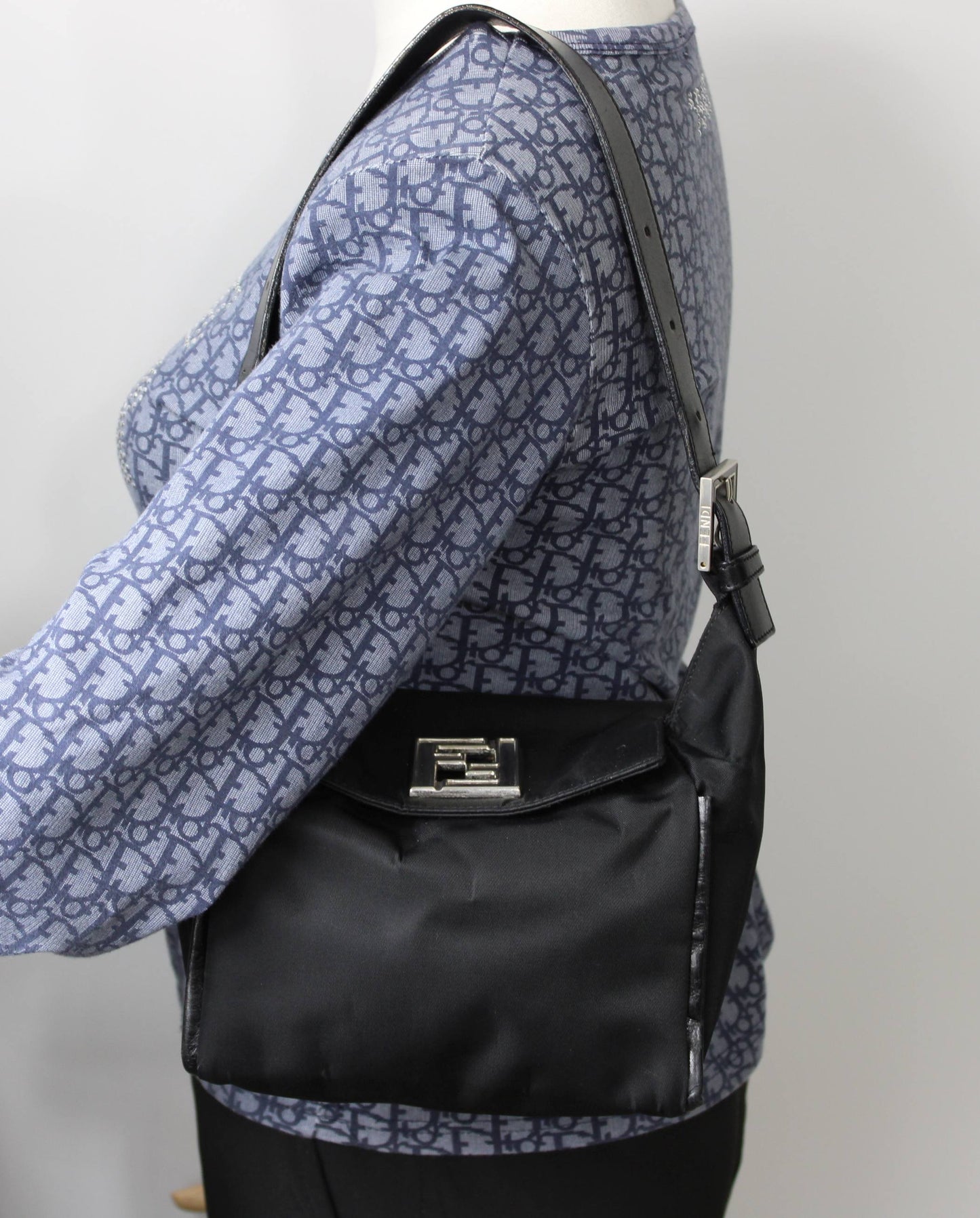 Fendi Black Neoprene Leather Strap Magnetic Logo Shoulder Bag