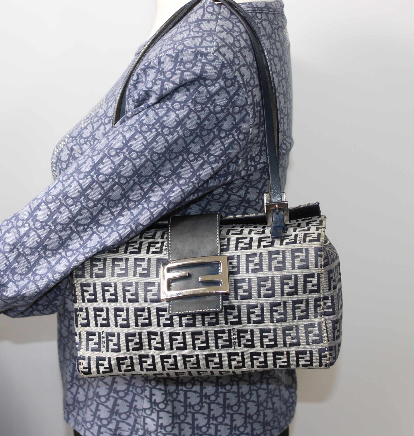 Fendi Navy Zucca Canvas Leather Mini Baguette Bag