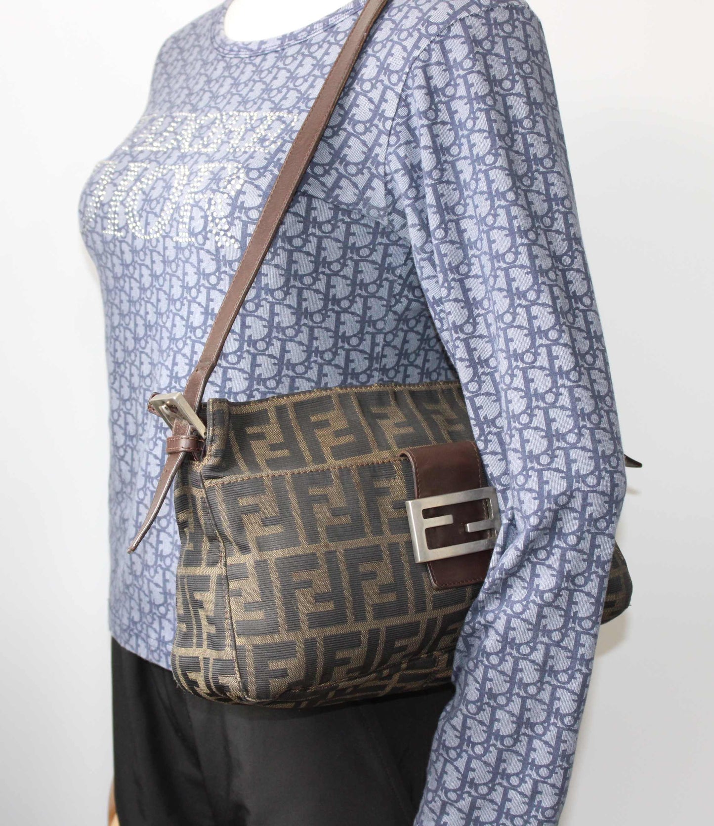 Fendi Brown Zucca Canvas Leather Baguette Shoulder Bag