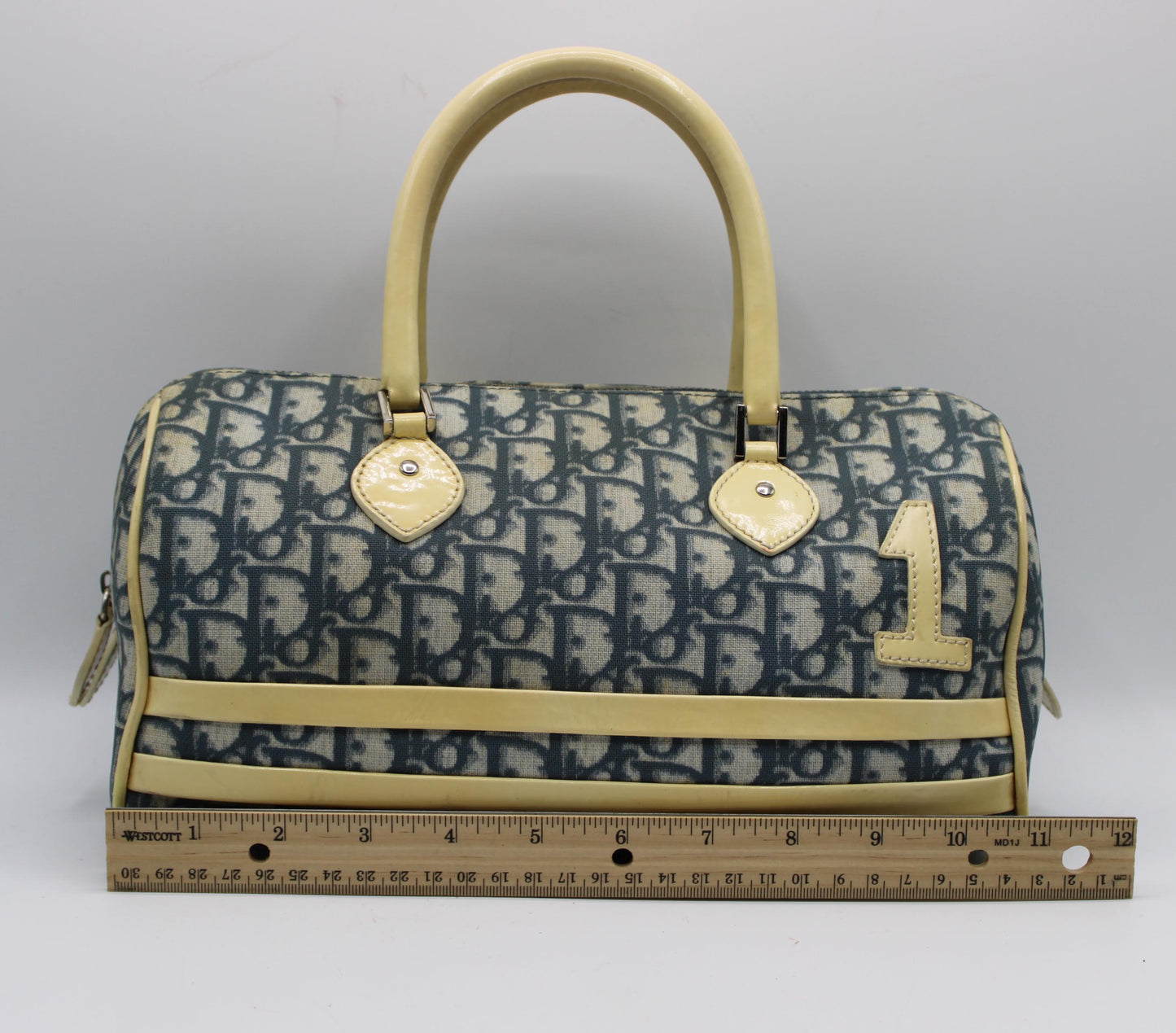 Christian Dior Navy White Oblique Canvas Boston Bag