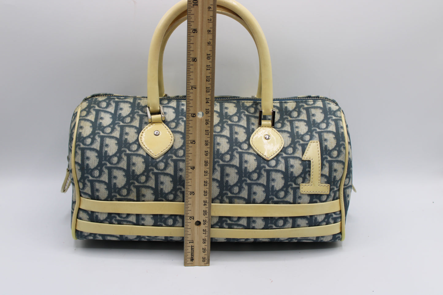 Christian Dior Navy White Oblique Canvas Boston Bag