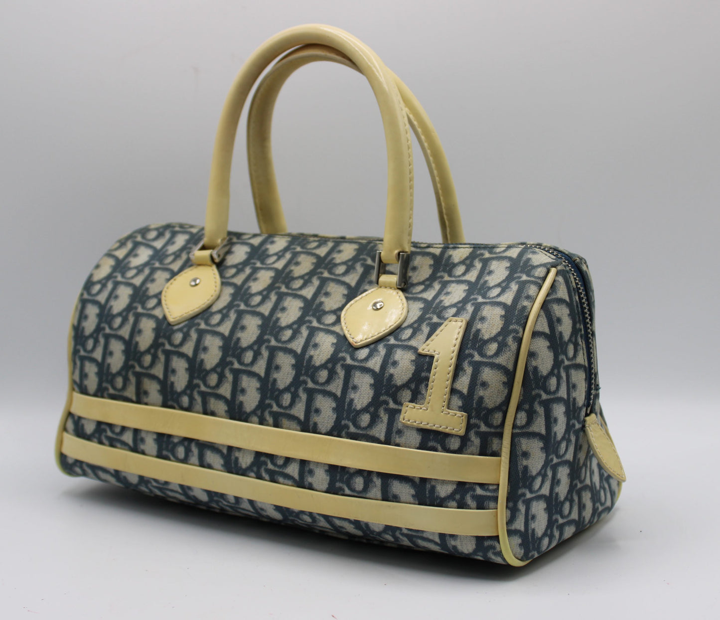 Christian Dior Navy White Oblique Canvas Boston Bag