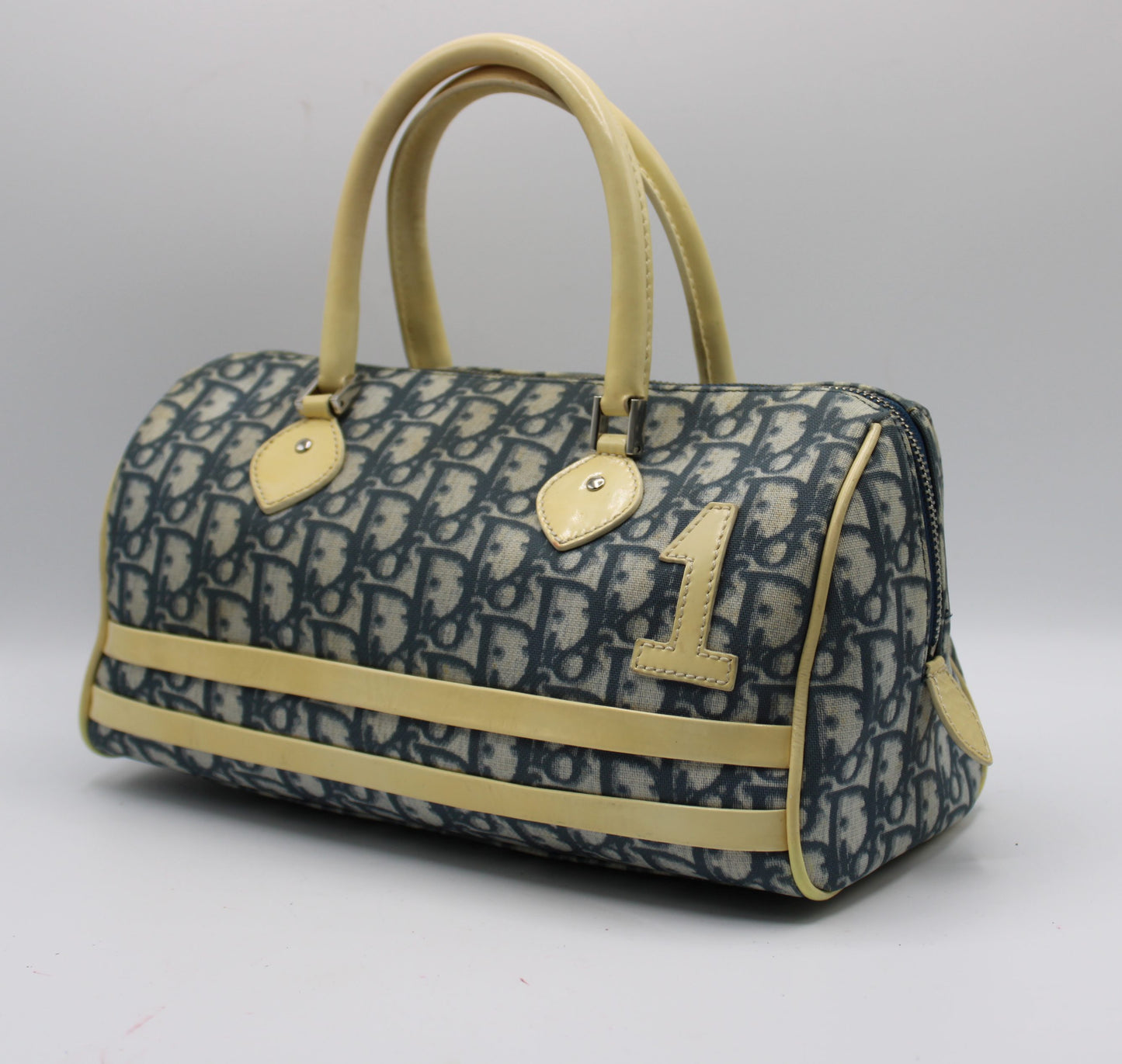Christian Dior Navy White Oblique Canvas Boston Bag