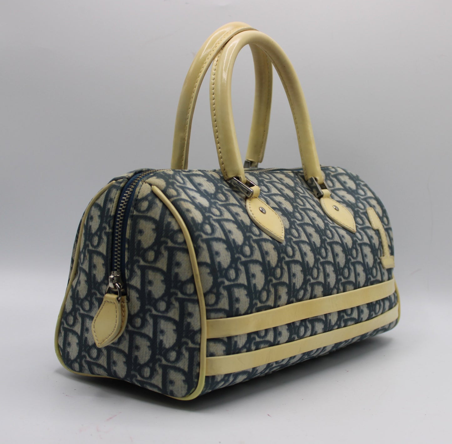 Christian Dior Navy White Oblique Canvas Boston Bag