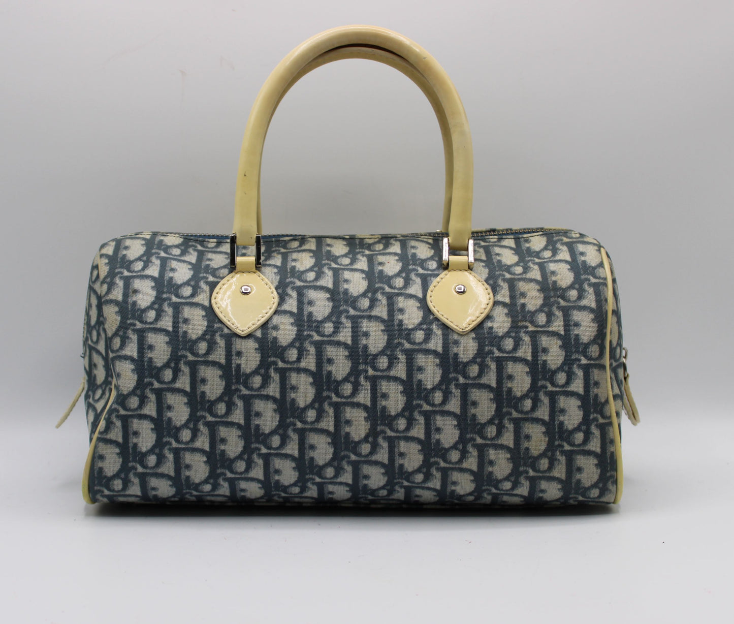 Christian Dior Navy White Oblique Canvas Boston Bag