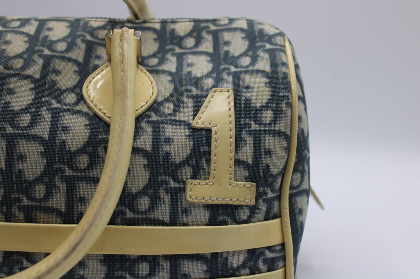 Christian Dior Navy White Oblique Canvas Boston Bag