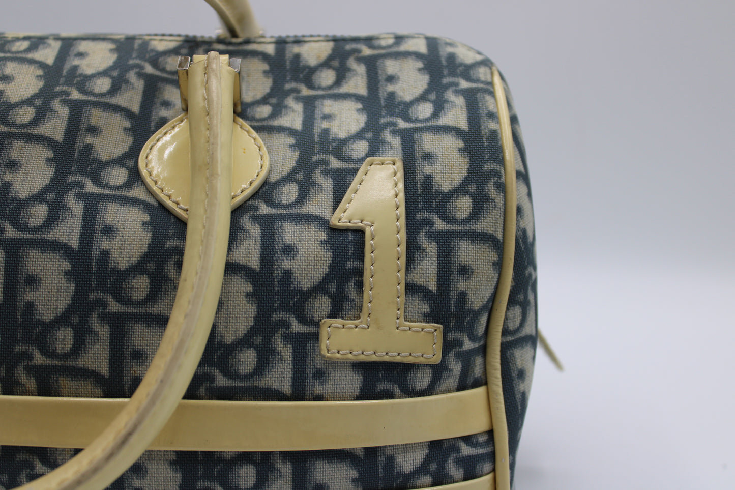 Christian Dior Navy White Oblique Canvas Boston Bag