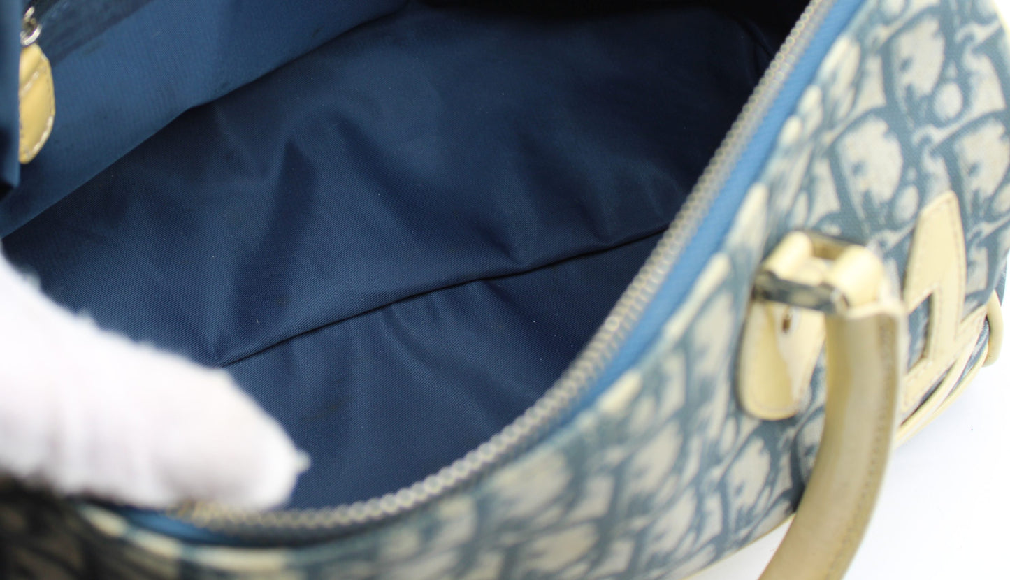 Christian Dior Navy White Oblique Canvas Boston Bag