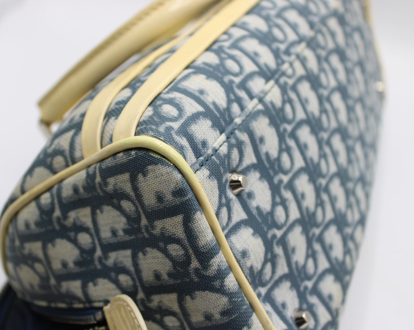 Christian Dior Navy White Oblique Canvas Boston Bag