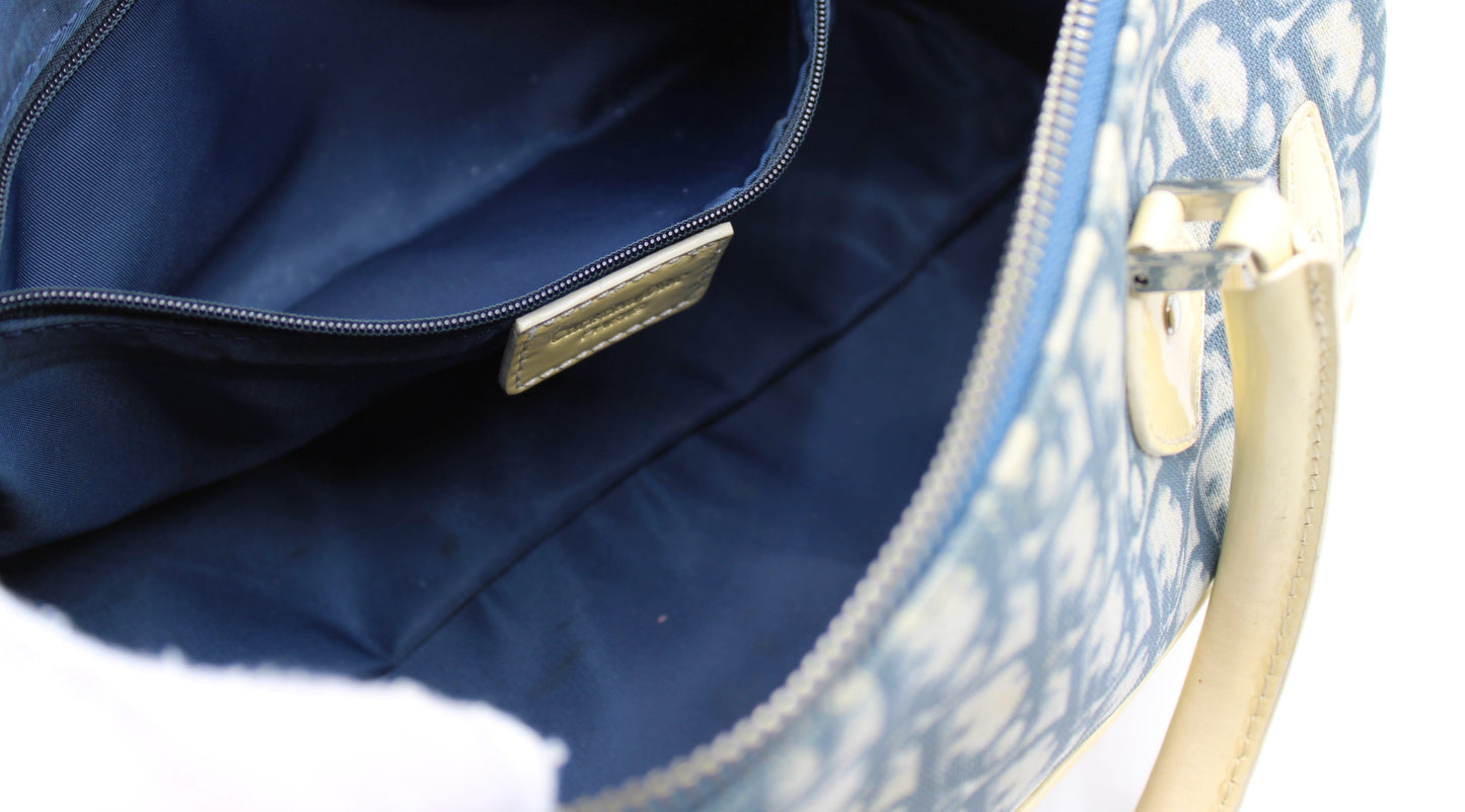 Christian Dior Navy White Oblique Canvas Boston Bag