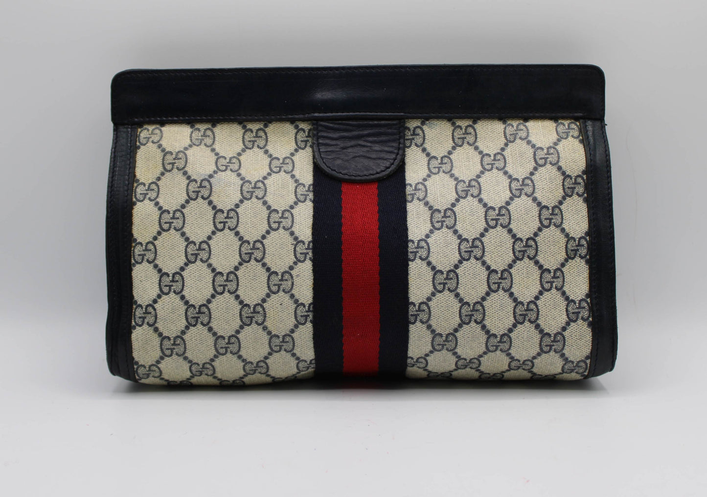 Gucci Beige GG Supreme Web Stripe Leather Clutch