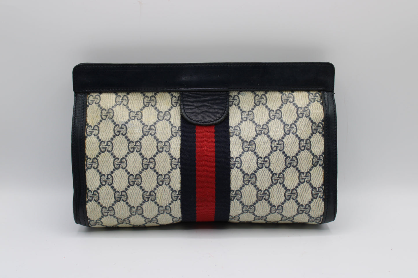 Gucci Beige GG Supreme Web Stripe Leather Clutch