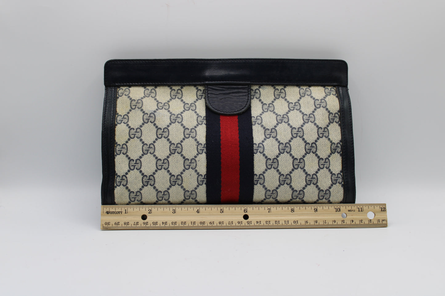 Gucci Beige GG Supreme Web Stripe Leather Clutch