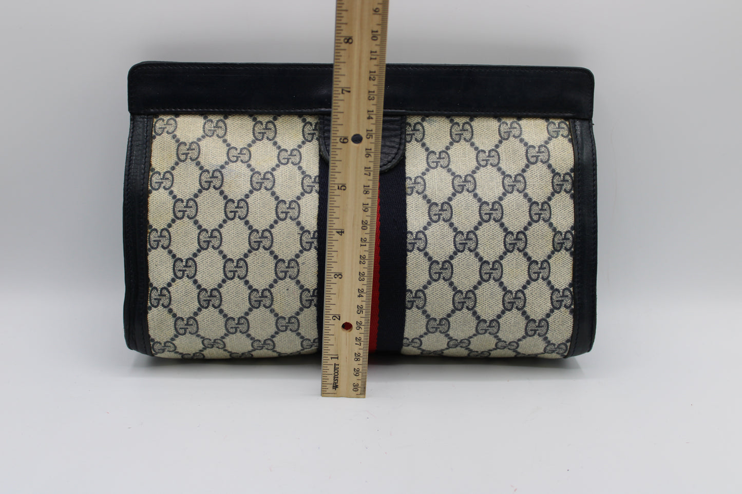 Gucci Beige GG Supreme Web Stripe Leather Clutch