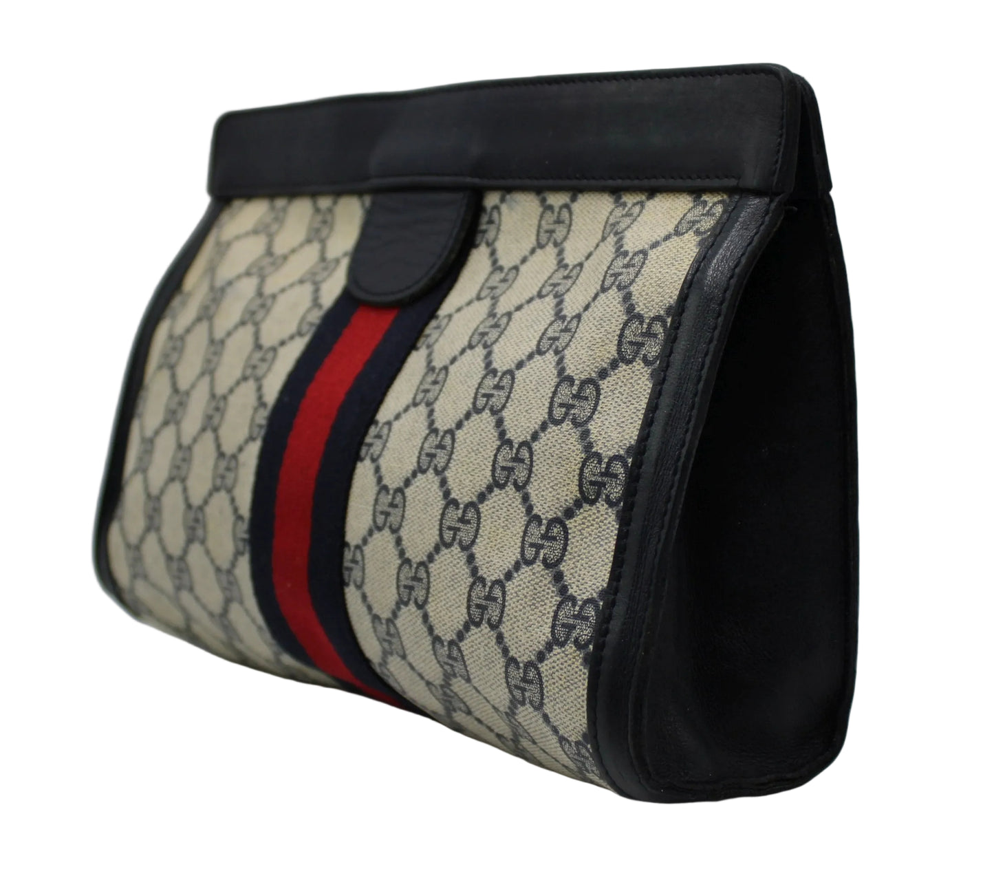 Gucci Beige GG Supreme Web Stripe Leather Clutch