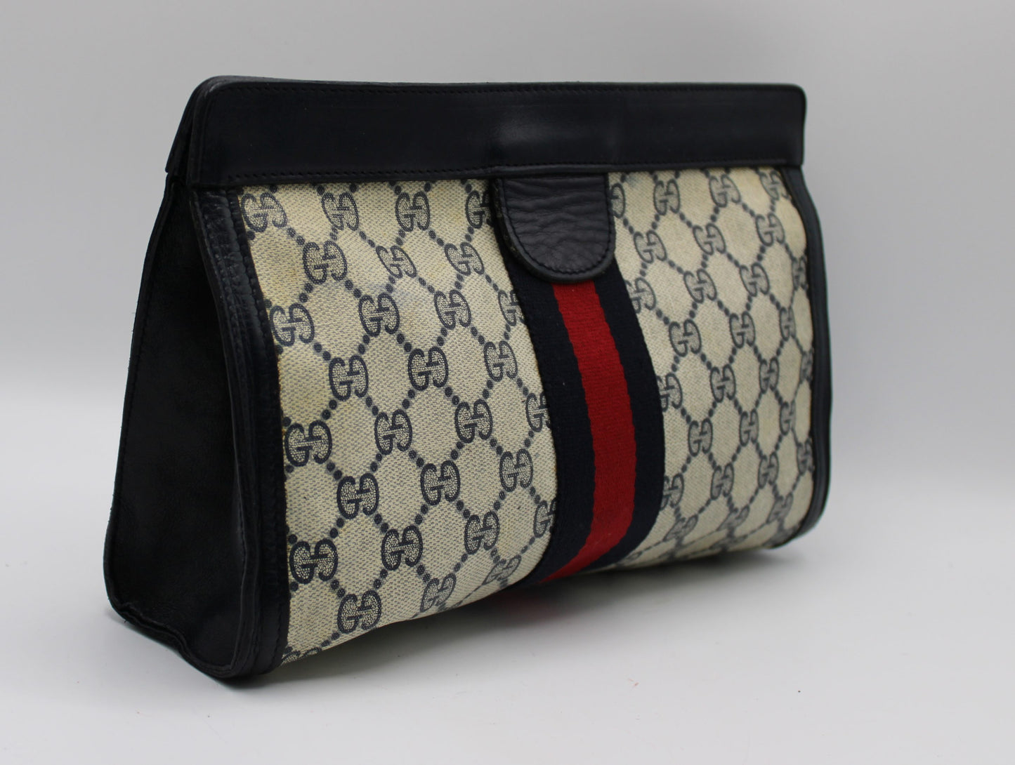 Gucci Beige GG Supreme Web Stripe Leather Clutch