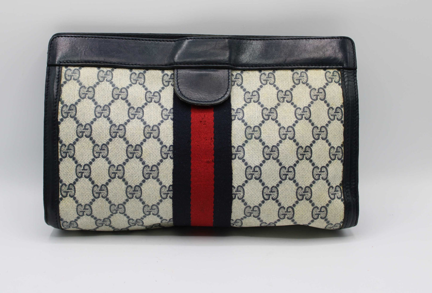 Gucci Beige GG Supreme Web Stripe Leather Clutch