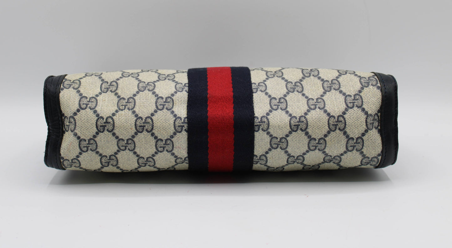 Gucci Beige GG Supreme Web Stripe Leather Clutch