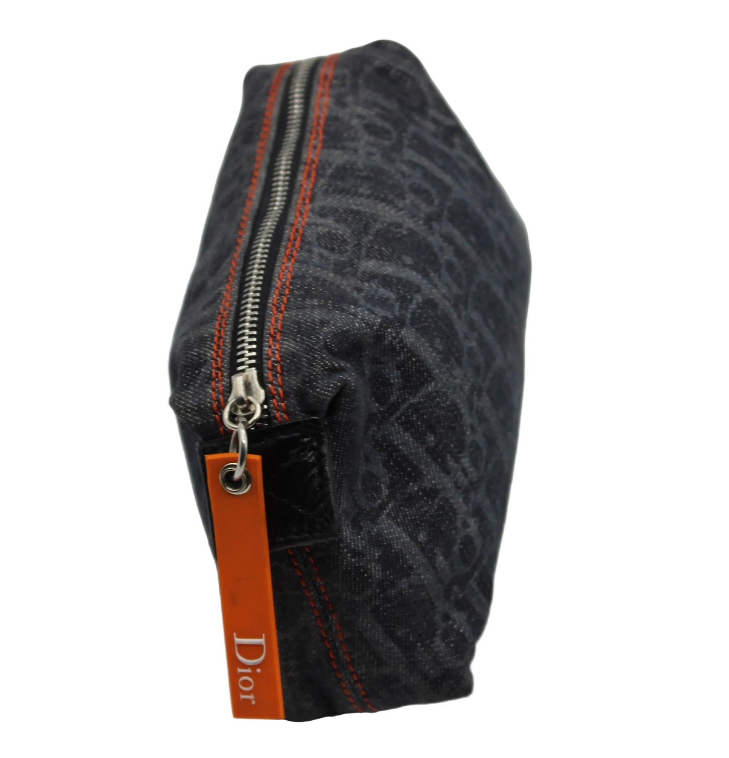 Black textured pouch with orange Dior tag on a white background