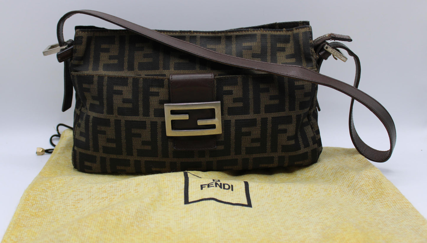 Fendi Brown Zucca Canvas Leather Baguette Shoulder Bag