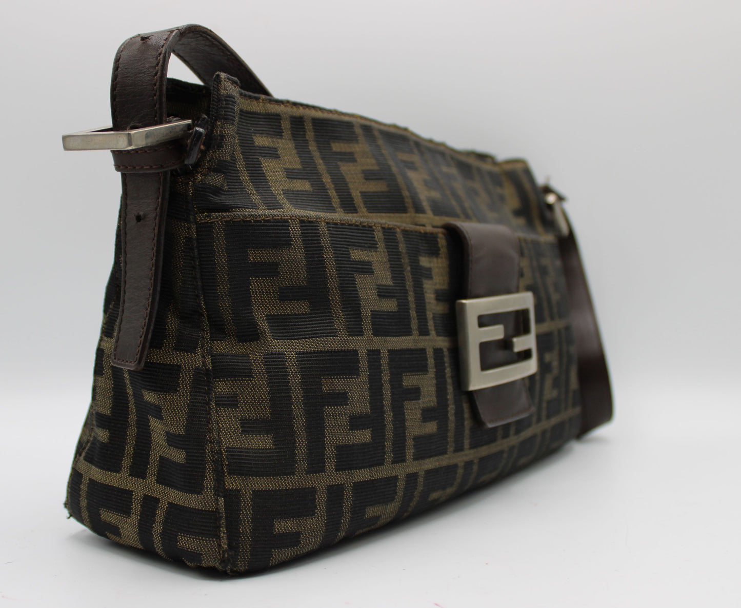 Fendi Brown Zucca Canvas Leather Baguette Shoulder Bag