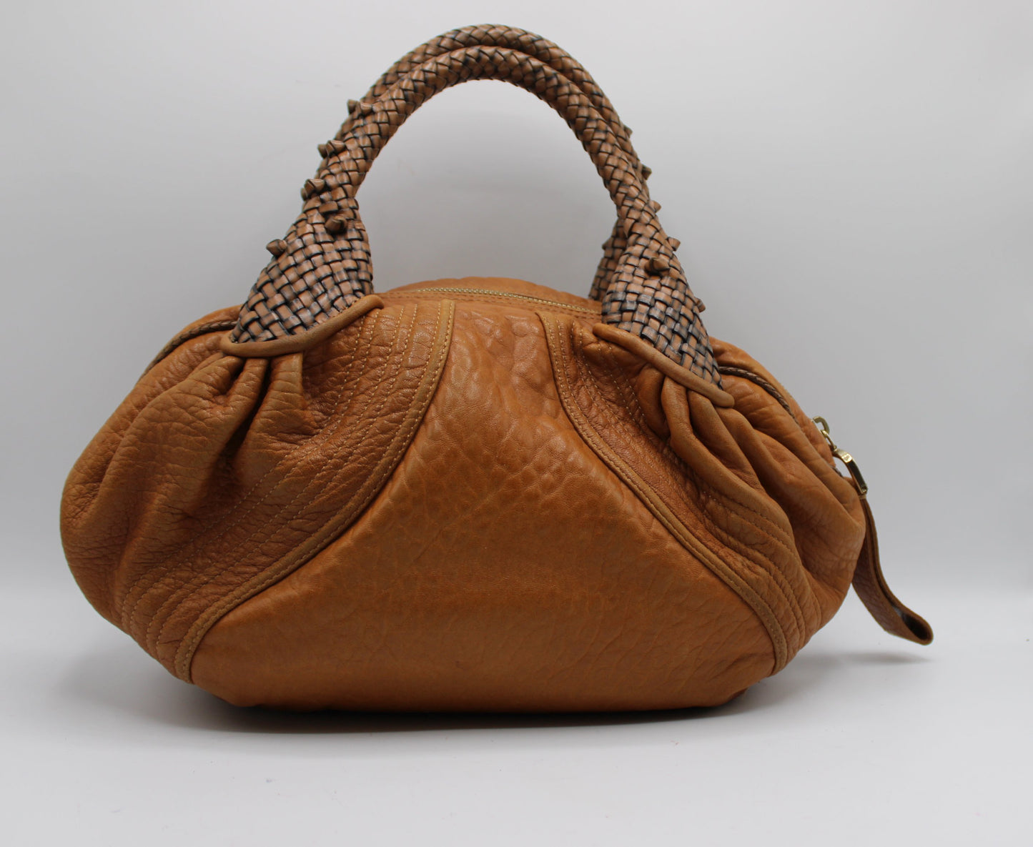 Fendi Cognac Leather Baby Spy Woven Satchel