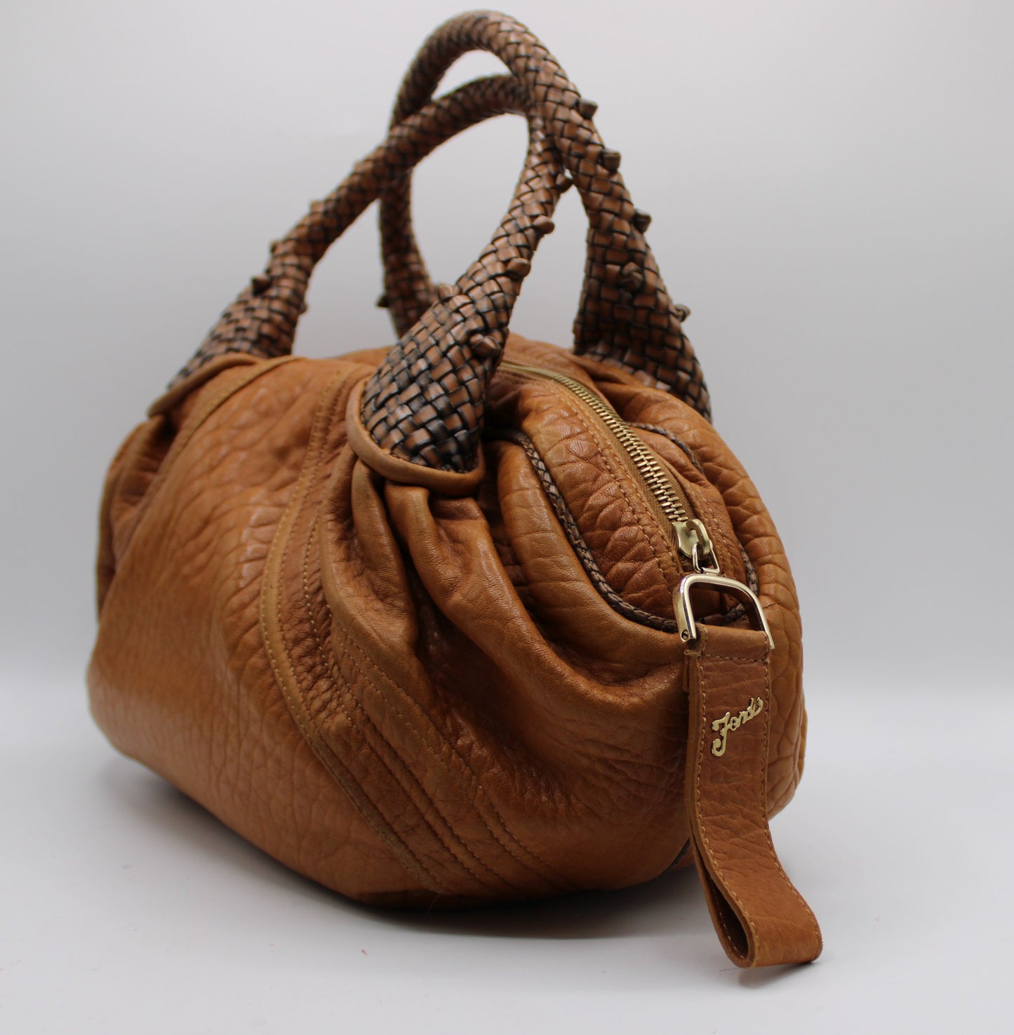 Fendi Cognac Leather Baby Spy Woven Satchel