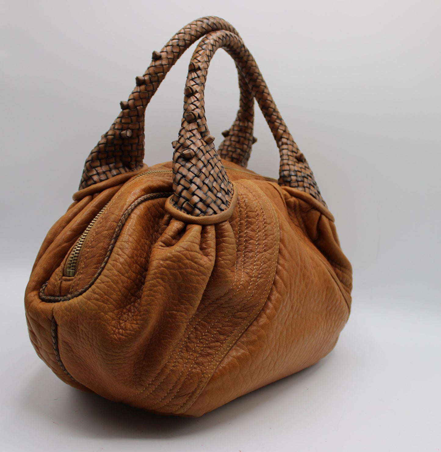 Fendi Cognac Leather Baby Spy Woven Satchel