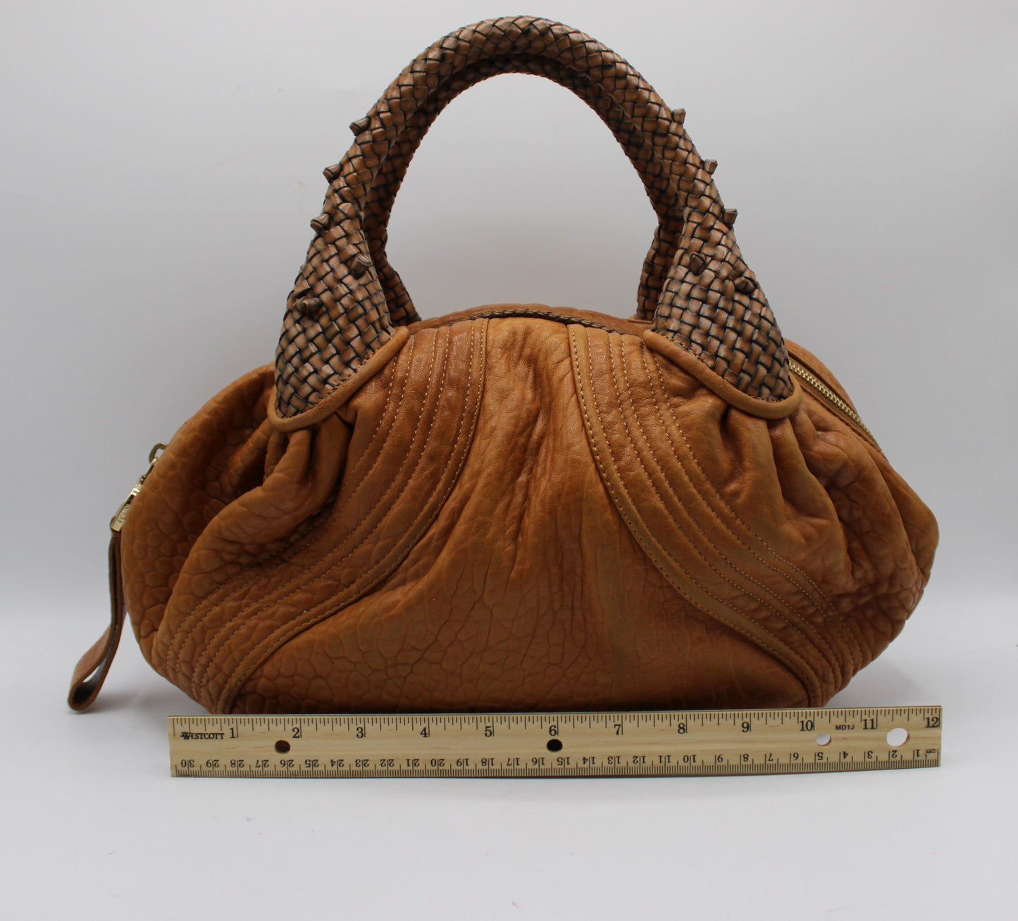 Fendi Cognac Leather Baby Spy Woven Satchel
