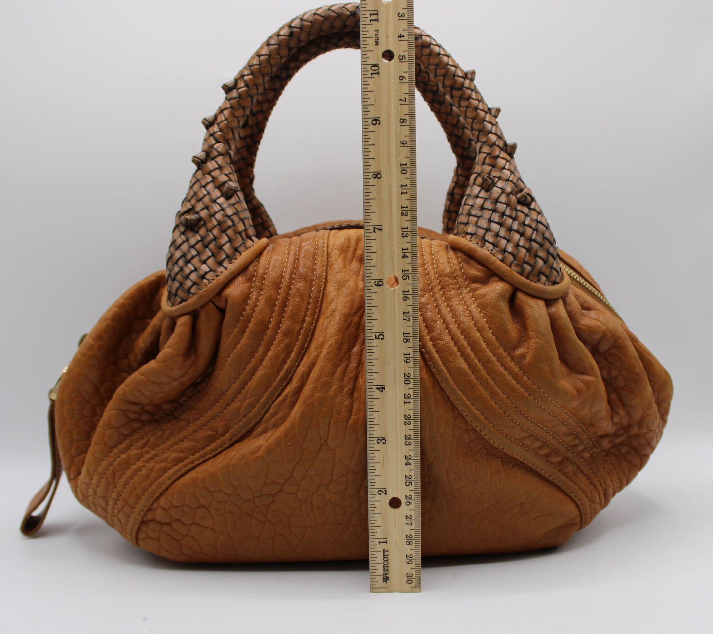 Fendi Cognac Leather Baby Spy Woven Satchel